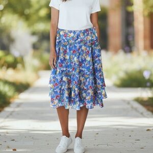 LAUREN Ralph Lauren Blue Multi Floral Tiered Ruffled A-Line Skirt - size 12